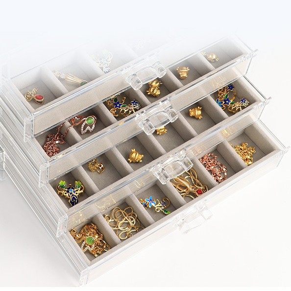 5/6-Layer Multi-Grids Plastic Velvet Storage Box Transparent Drawer-Type Jewelry Jewelry Earrings Ring Jewelry Storage