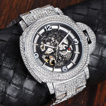 European and American Fashion Hip Hop Full Diamond Watch Heavy Luminous Full Zirconium Hollow Bottom Large Dial Mechanical Watch Digital Men's Watch