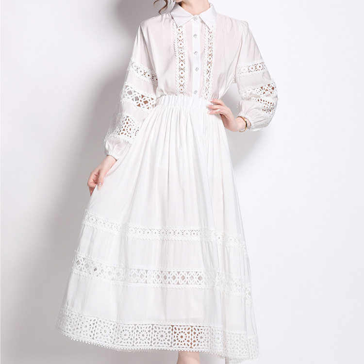 Fashionable Womens Set Stylish Lapel Shirt with Lantern Sleeves and Lace Details High Waisted Skirt Autumn Collection