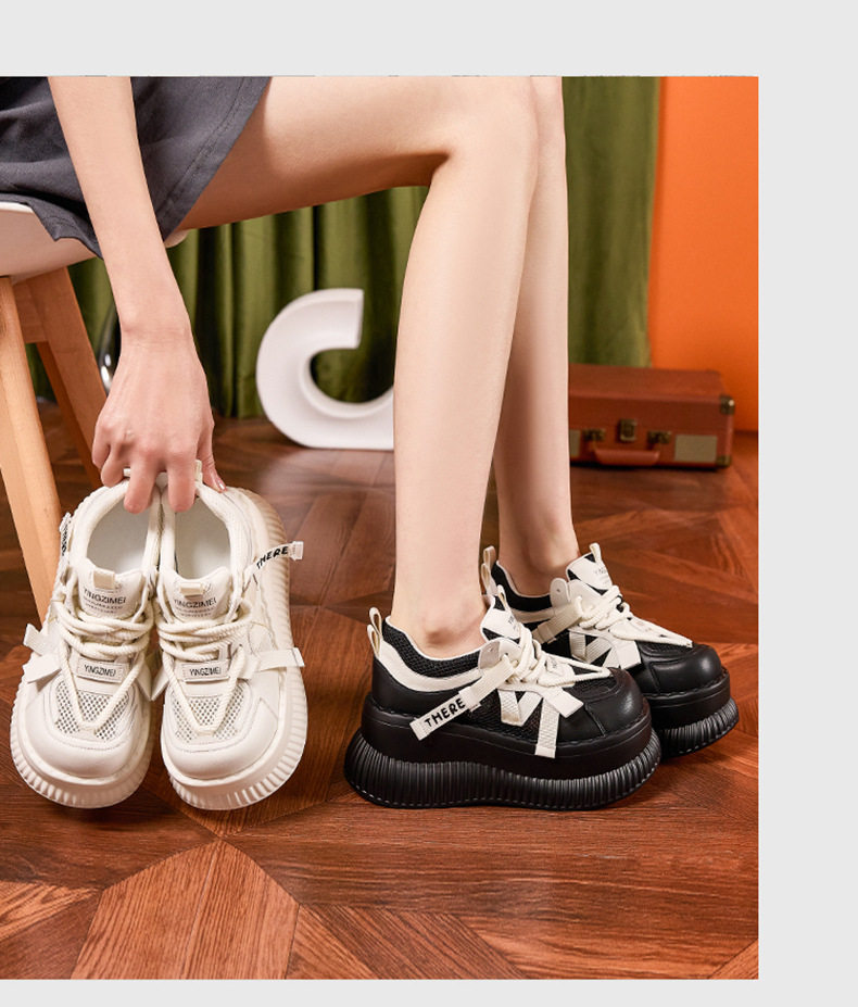 Giày platform nữ đế xuồng cao gót 8cm, dây buộc lưới thoáng khí — Len sạch, Đen chi tiết 10