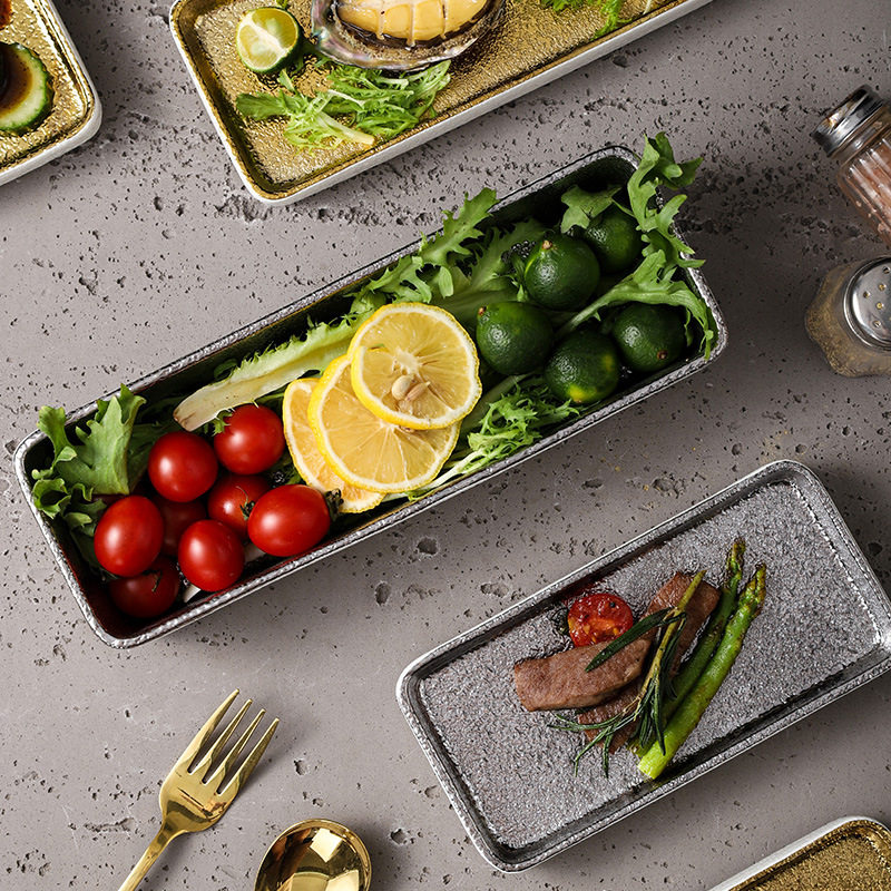 Retro Accessible Luxury Style Golden Silver Rectangular Plate Fruit Salad Plate Sushi Plate Square Flavor Plate Small Dish Snack Plate