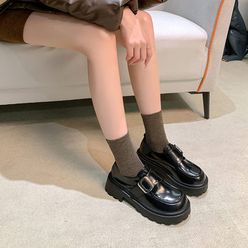 Genuine Leather British Style Thick Bottom Increased Soft Bottom Small Leather Shoes Women's 2024 Autumn and Winter Metal Velcro All-match Loafers