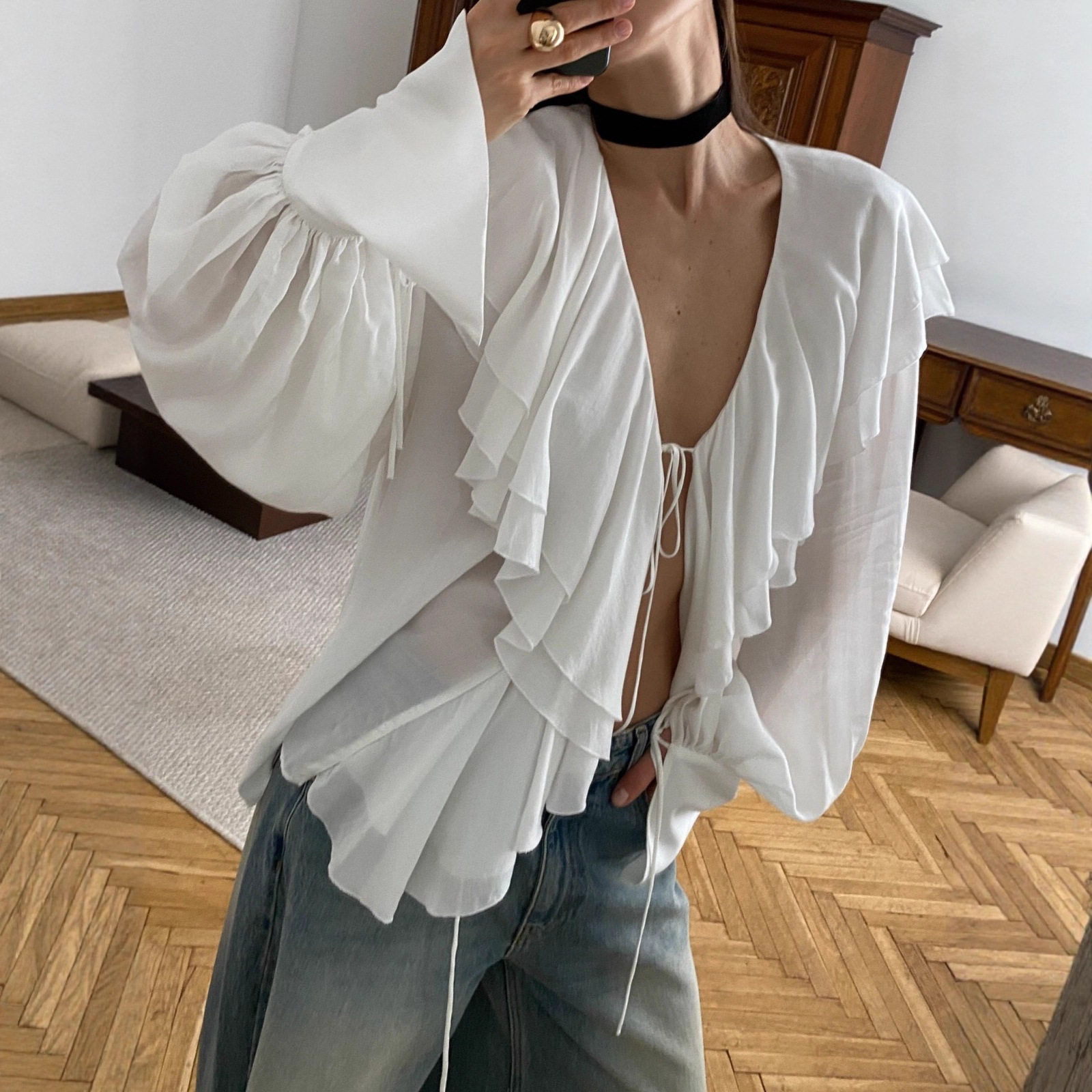 Chiffon Cardigan Top Ruffled Hem Lantern Sleeves Stylish Elegant Autumn Fashion for Women Wholesale Available