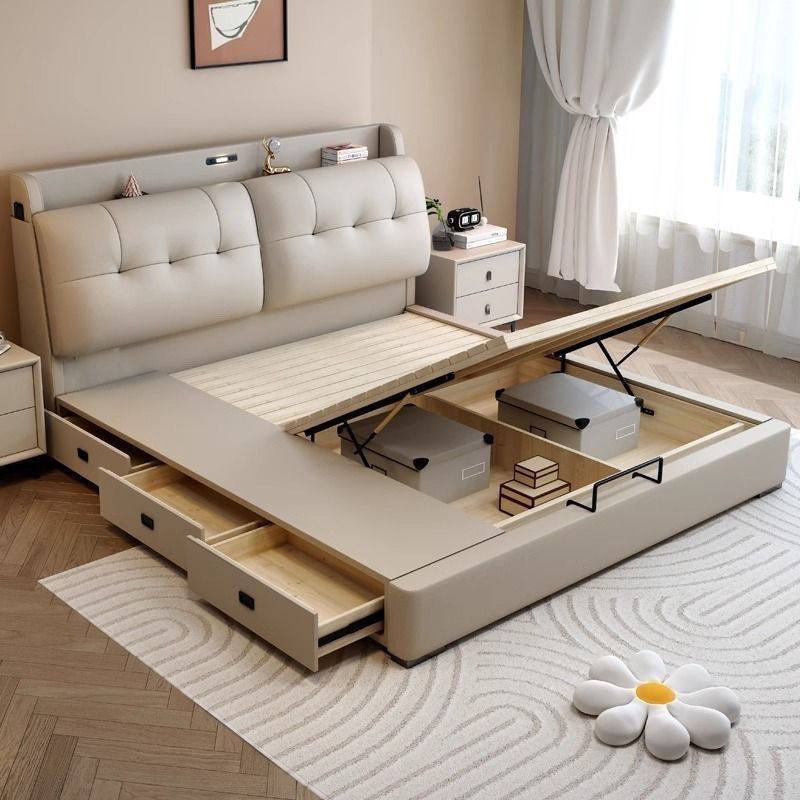 Modern Minimalist Master Bedroom Bed with Drawers, Home Double Bed, Multifunctional Storage Wedding Bed, Soft Leather Art Bed