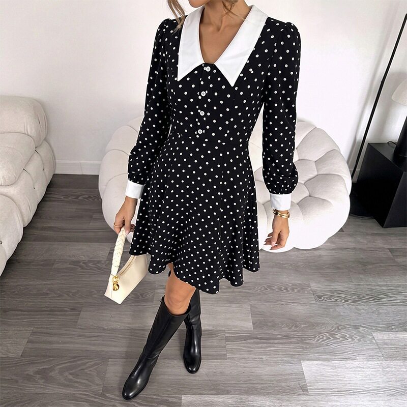 Retro Color Block Polka Dot Mini Dress Short Sleeve Lapel Collar Sweet Style Perfect for Casual Outings Wholesale