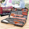 Amazon Stainless Steel Wooden Handle Outdoor Camping Baking Tool suit Plastic Rubber Box 19-Piece Combination BBQ Tool