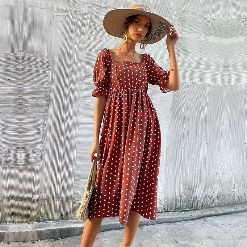 Vintage Polka Dot Ruffle Hem Dress Off Shoulder Summer Style Elegant Design Wholesale Available