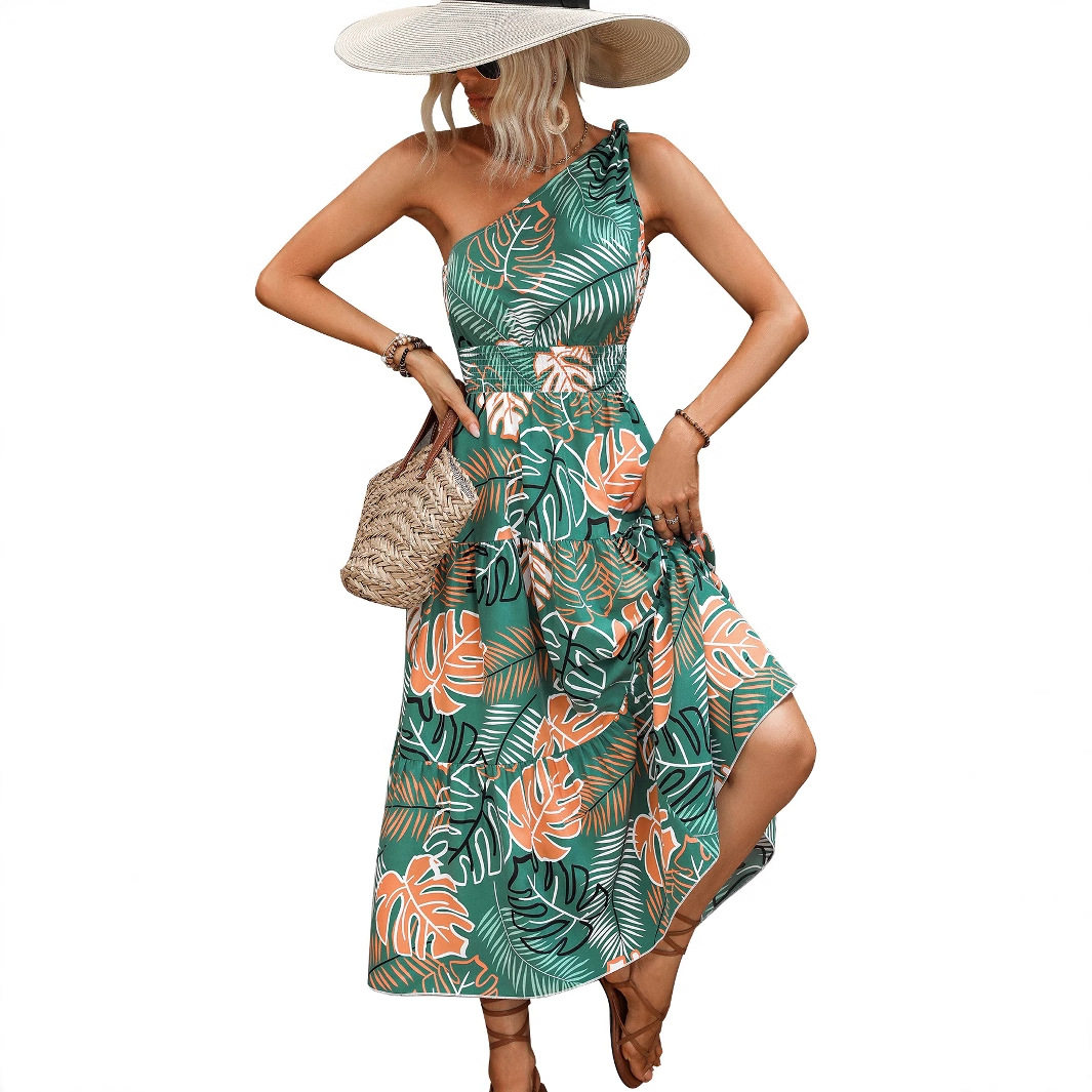 Fashionable One Shoulder Printed Dress Elegant Design Trendy Style Comfortable Fabric Perfect for Parties and Events