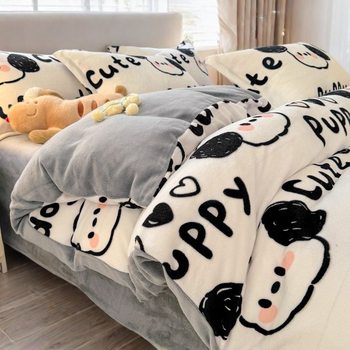 Winter Thickeneded Milk Velvet Four-Piece Quilt Cover Single Piece Cartoon Coral Velvet Three-Piece Quilt Cover 2 Fleece-Lined Style 1.8m