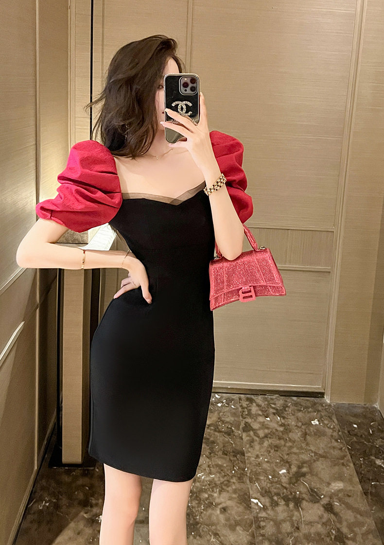 Đầm suông nữ midi cổ vuông tay bồng — [Màu thanh long] chi tiết 5
