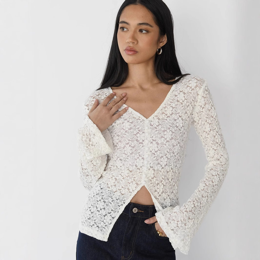 Lace Hollow Out Top Pearl Button Split Design Fitted Bell Sleeve Elegant Casual Wear for Women Wholesale Available
