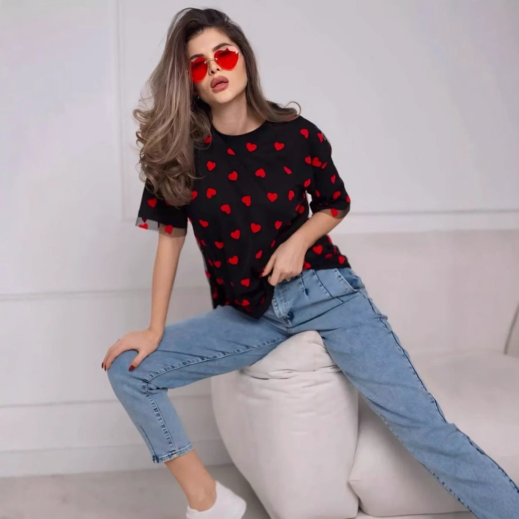 Loose Fit Heart Mesh Patchwork T Shirt Sexy Design Short Sleeve Round Neck Casual Wear for Women Wholesale Available
