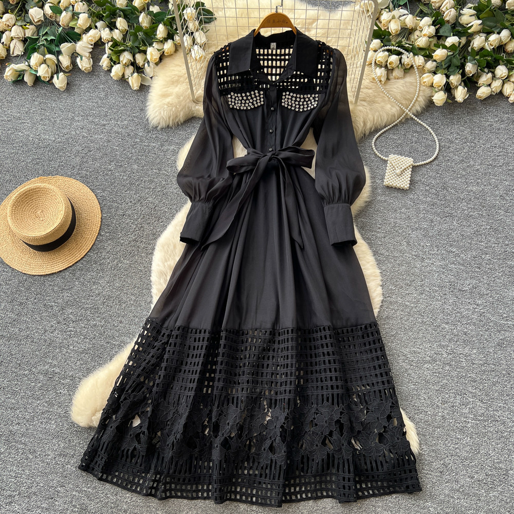 French Style Yellow Hollow Out Lace Up Dress Elegant A Line Silhouette Summer Fashion Office Wear Wholesale Available