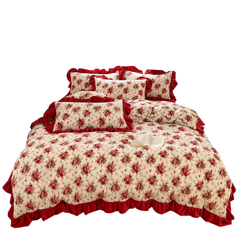 Autumn and Winter Thickened Milk Bed Cover Four-Piece Set with Vintage Lace, Quilted Non-Slip Bedspread, Double-Sided All-Season Coral Fleece