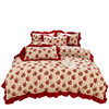 Autumn and Winter Thickened Milk Bed Cover Four-Piece Set with Vintage Lace, Quilted Non-Slip Bedspread, Double-Sided All-Season Coral Fleece