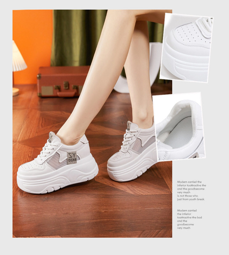 Giày sneaker nữ chunky đế dày lưới thoáng khí phong cách đường phố — Trắng, Trắng, đen chi tiết 2