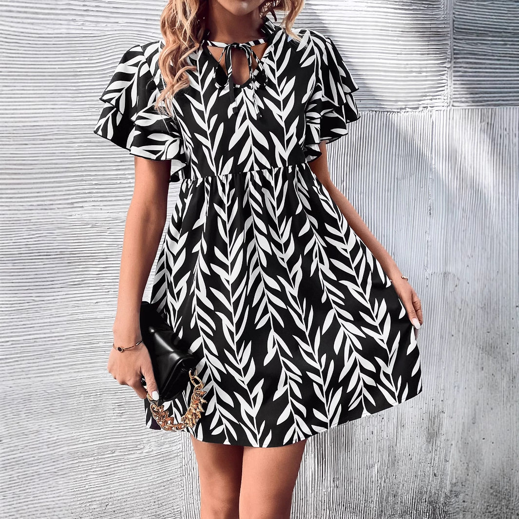 V Neck Floral Print High Waisted Dress Elegant Design Comfortable Fabric Perfect for Summer Events Wholesale Available