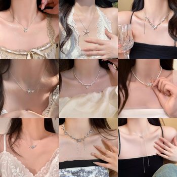 Korean Retro Pearl-Encrusted Diamond Tassel Necklace Internet Celebrity Elegant Design Flower Bow Clavicle Chain Necklace for Women