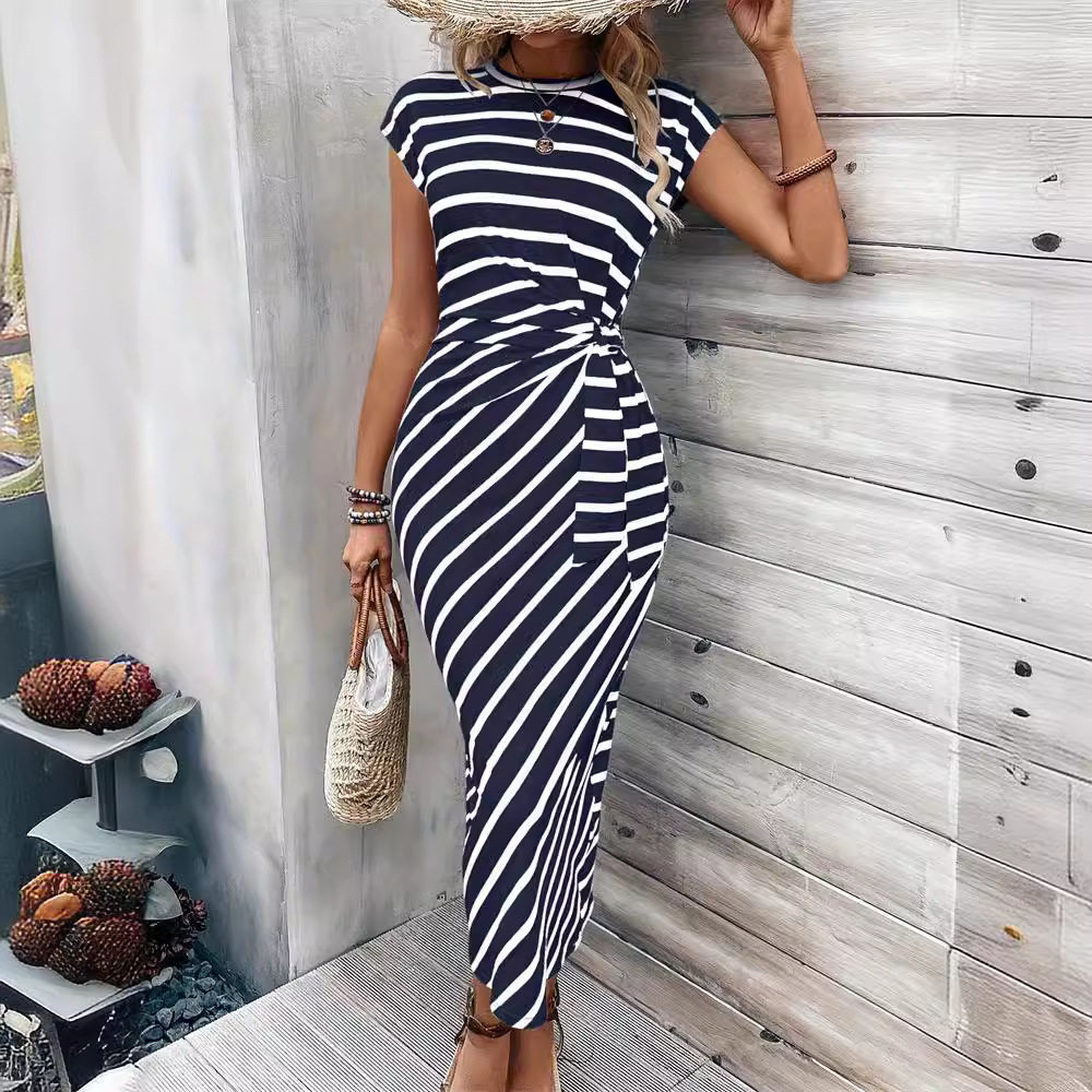 Elegant Striped Maxi Dress Waist Tie Round Neck Short Sleeve Summer Fashion for Women Wholesale Available