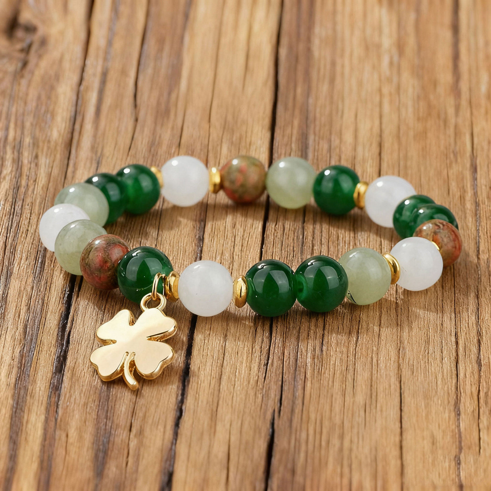 Cross-Border New Product European and American Retro Style Four-Leaf Clover Single Beaded Bracelet Handmade Beaded 8mm Natural Stone Bracelet for Women
