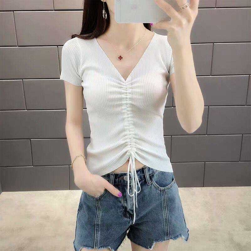 Womens V Neck Knitted T Shirt Short Sleeve Slim Fit Solid Color Summer Casual Wear