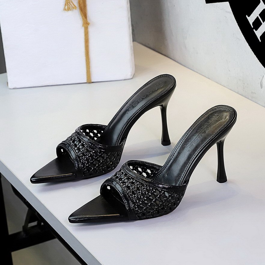 Sandal cao gót nữ mũi nhọn hở ngón quai dệt phối đồ thời trang — Màu bạc, Màu be, màu đen, Màu trắng