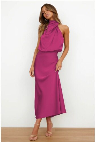 Sleeveless Satin Dress Elegant Solid Color Lightweight Fabric Spring Summer Evening Wear Wholesale Available