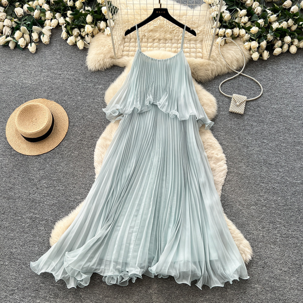 Summer Womens Light Blue Ruffled Hem Sleeveless Maxi Dress High Waist Pleated Flattering Fit Vacation Style