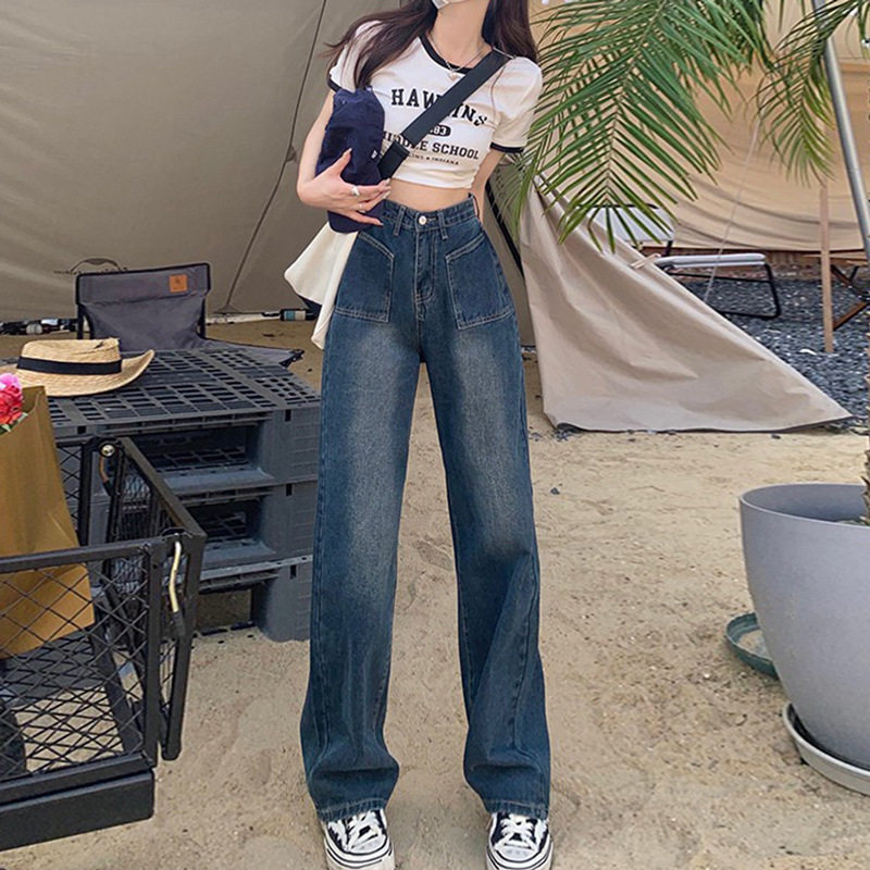 High Waisted Wide Leg Jeans for Women Blue Grey Loose Fit Large Pockets Casual Style Perfect for Pear Shaped