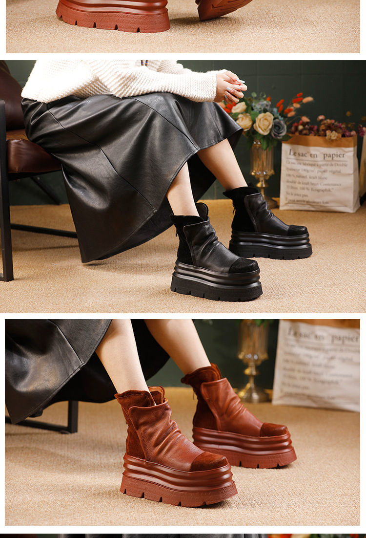Boot nữ cổ thấp da bò thật đế dày phong cách cổ điển — màu đen, nâu