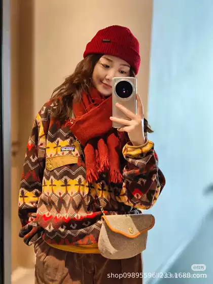Pata Autumn and Winter Retro Color Vintage Vintage Polar Fleece Fleece Pullover Jacket 25450