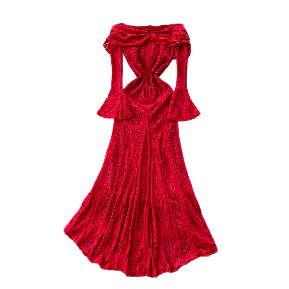 Off Shoulder Lace Hollow Out Dress Slim Fit Waist Cinching Elegant Style Perfect for Office and Special Occasions