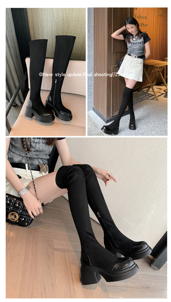 Boot nữ cổ cao quá gối gót vuông 7.5cm phối da bò và vải co giãn — Lót nhung ống lớn màu nâu, Lót nhung ống nhỏ màu nâu, Màu đen ống lớn lót nhung bên trong, Màu đen ống nhỏ lót nhung bên trong