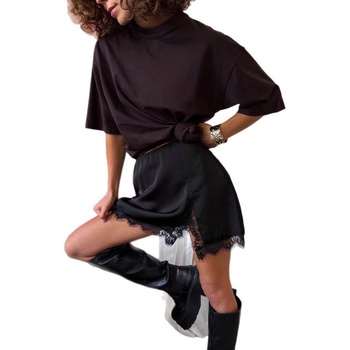 Satin and Lace Mini Skirt Y2K Elegant Style Versatile Design Shiny Finish Perfect for Spring Summer Occasions
