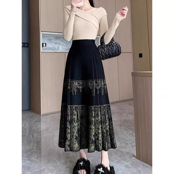 Knitted Long Skirt, Autumn and Winter Women's Thickened High-Waisted Large Hem Wool A-Line Skirt, Embroidered National Style Horse-Face Skirt, Elegant