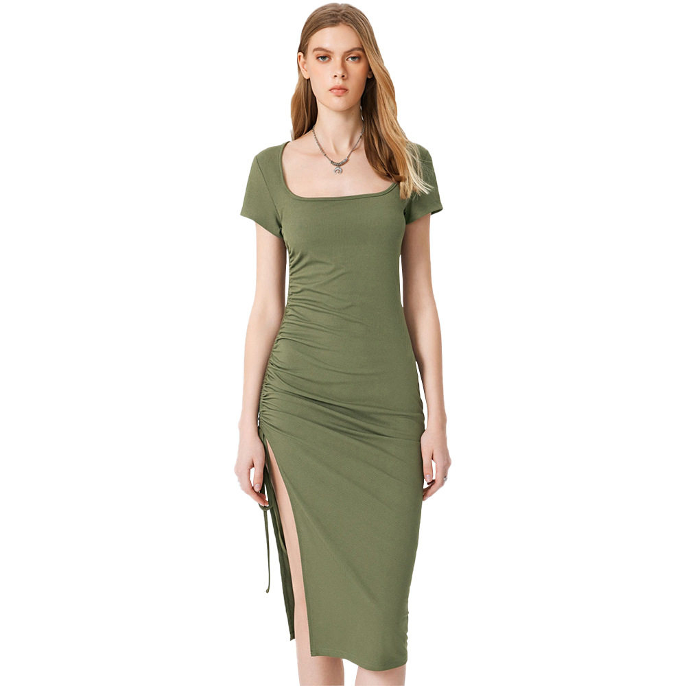 Knit Bodycon Dress Elegant V Neck Side Slit Slim Fit Ribbed Fabric Perfect for Parties and Events Wholesale