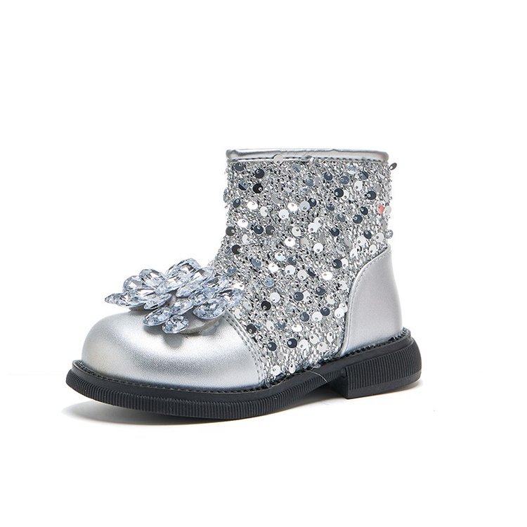 Girls Princess Short Boots Autumn and Winter Children's Boots Sequined Crystal Princess Shoes Silver Style Little Girls Martin Boots