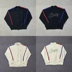 Croteiz Stand Collar Zipper Red and Blue Striped Cardigan Knit Sweater Jacket Needles Imitation Style Cross-Border In-Stock