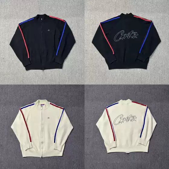 Croteiz Stand Collar Zipper Red and Blue Striped Cardigan Knit Sweater Jacket Needles Imitation Style Cross-Border In-Stock