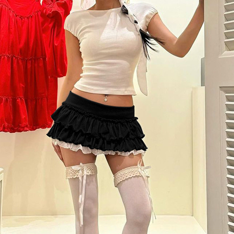Pleated Ruffle Lace Color Block Midi Skirt Sweet and Spicy Style Spring Summer Collection Wholesale Available