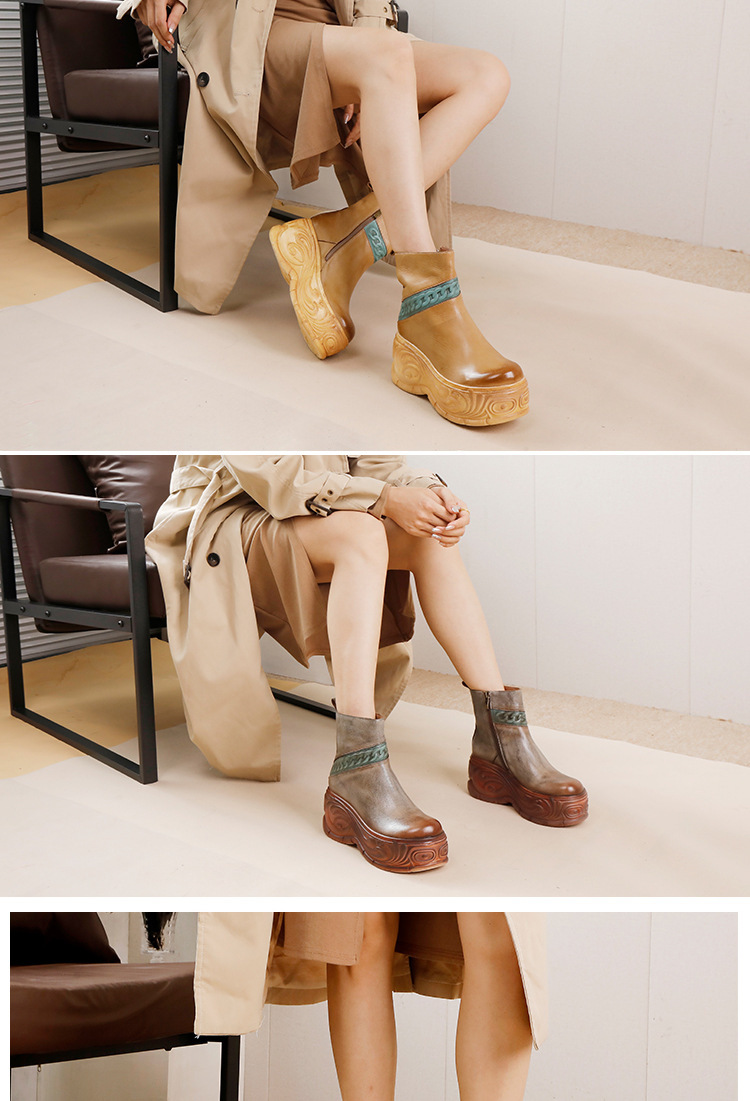 Boot nữ da bò cổ thấp gót cao khóa kéo bên — Màu kaki, Màu xám
