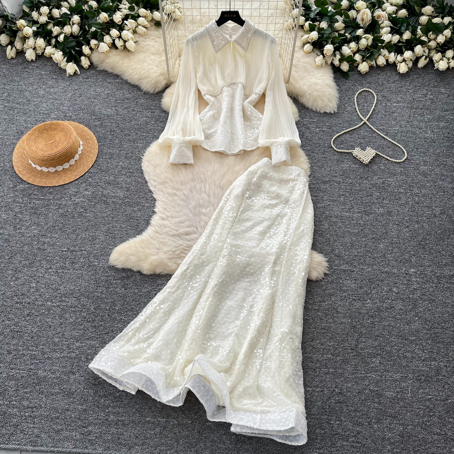French Style Sequined Mesh Pleated Two Piece Set Waist Cinching Elegant Design Ideal for Spring and Autumn Wholesale