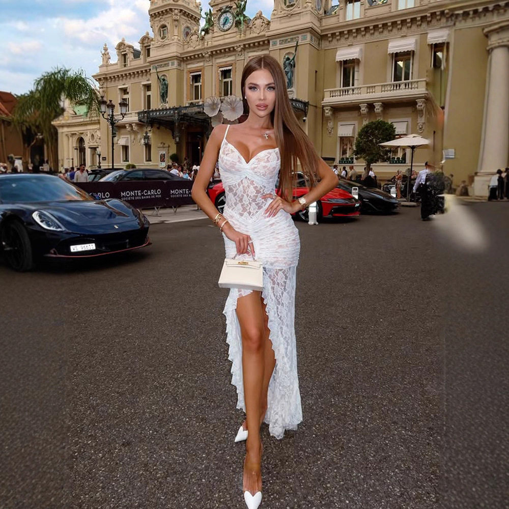 Lace Backless Maxi Dress Solid Color Sexy Spaghetti Straps High Slit Elegant Gown Perfect for Evening Events