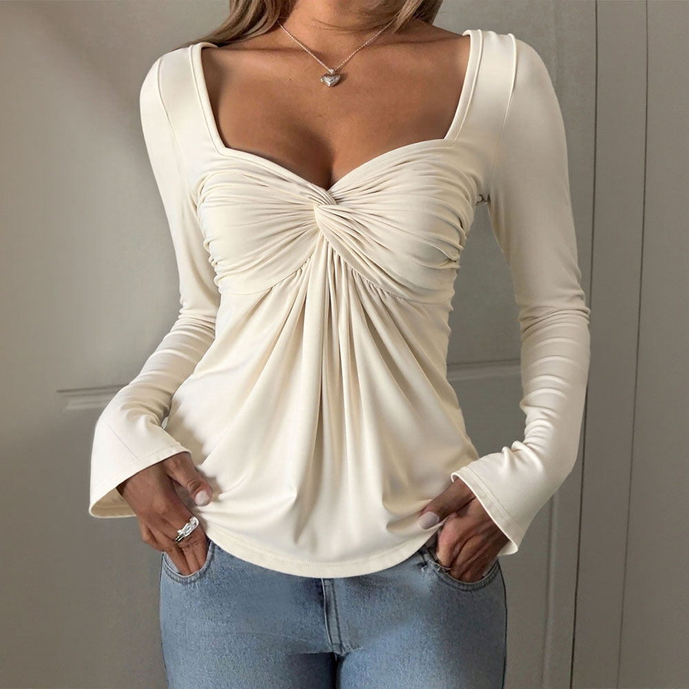 Womens Elegant Casual V Neck Long Sleeve T Shirt Solid Color Ruffle Hem Spring Summer Style Wholesale Available