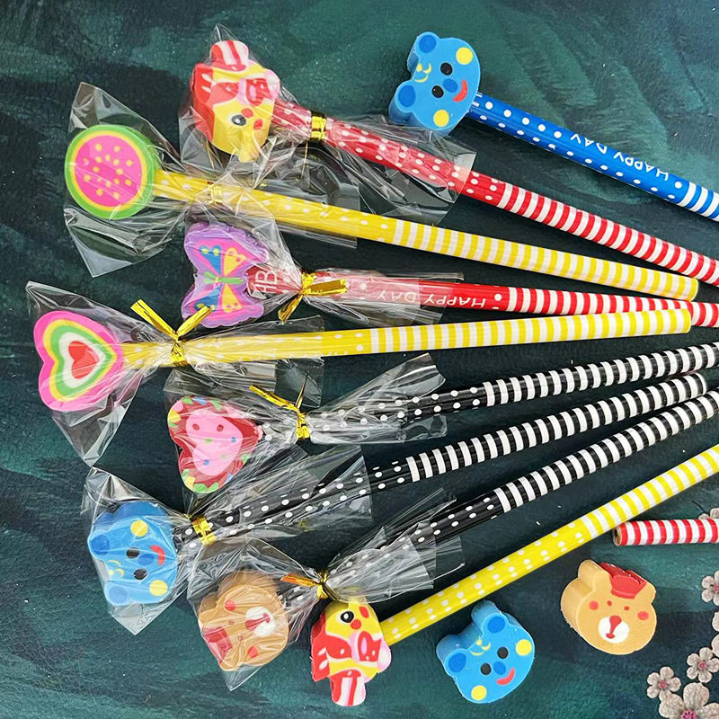 Cartoon Hb Pencil with Eraser Head Set Cute Kidsren Primary School Students Kindergarten School Supplies Stationery Gifts