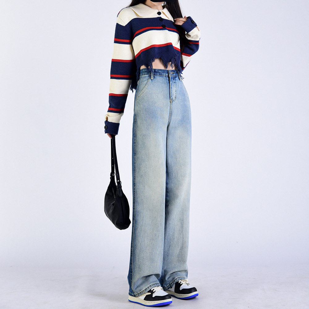 High Waisted Gradient Color Block Womens Jeans Slim Fit Loose Wide Leg Trendy Design Fall Winter Fashion Wholesale