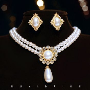 New Palace style fashion vintage water drop pendant double-layer pearl necklace bridal clavicle chain earrings light luxury suit