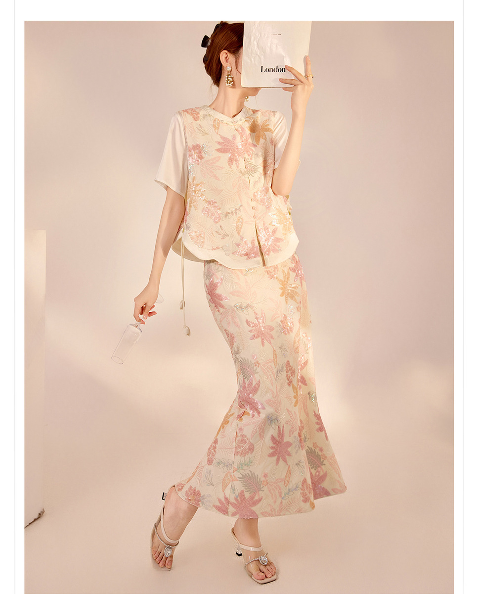 Bộ áo gilê thêu nổi tua rua và chân váy sequin nữ dáng chữ A — Váy sequin (giao hàng trong 7 ngày), Váy sequin (giao hàng trong ngày), Áo vest tua rua (giao hàng trong 7 ngày)