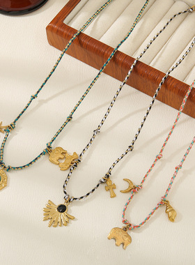 狼牙状流苏链长款编绳钛钢项链秋冬多吊坠级感天然石手工毛衣链