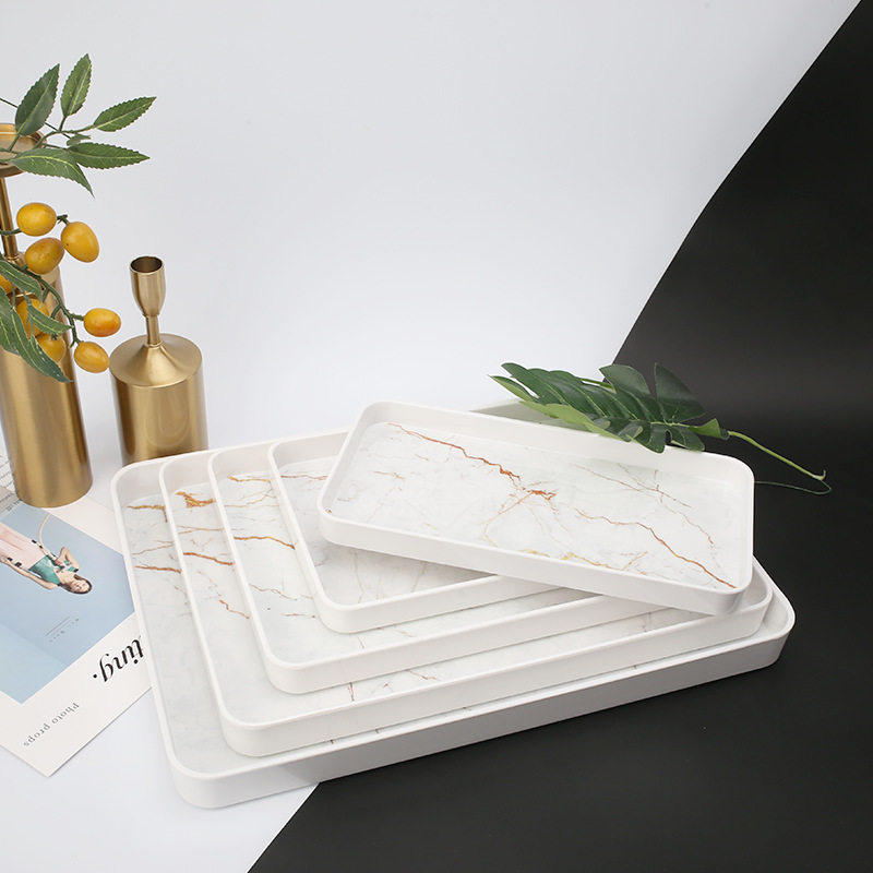 Scandinavian Melamine New Rectangular Imitation Marble Pattern Home Living Room Hotel Cup Tea Set Storage Plastic Tray